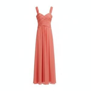 Monique Lhuillier Coral Pink Chiffon Ruched Flowy Bridesmaid Maxi Dress